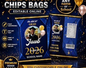 Graduation Chips Bags label. Editable in CANVA DIGITAL. Edit yourself in Canva