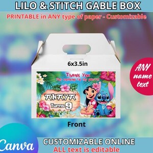 May include: A white gable box with a handle, featuring a colorful design of Lilo and Stitch. The front panel displays the text "Thank You for coming to my party!" and "ANAYA Turns 9". The box measures 6x3.5 inches.