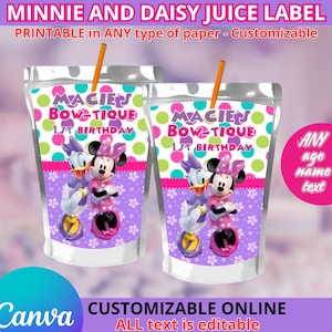 May include: Printable juice box label featuring Minnie Mouse and Daisy Duck. The label is purple with pink, green, and blue polka dots. The text on the label reads "Macie's Bow-tique 1st Birthday".