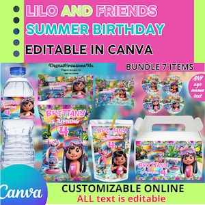 Lilo and Friends Summer Birthday Party, water bottle, chip, rice krispies, juice labels and more. Edit yourself in CANVA.