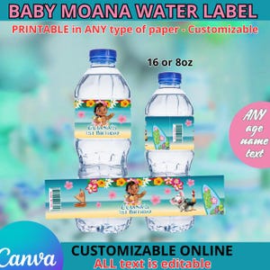 Moana Baby Wasser Etikett. Bearbeitbar in CANVA