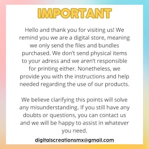 Pu&ograve; includere: Uno sfondo rosa e blu con la parola "IMPORTANTE" in testo giallo. Il testo spiega che questo &egrave; un negozio digitale e che gli articoli fisici non vengono spediti. Il testo include anche l'indirizzo email digitalscreationsmx@gmail.com.