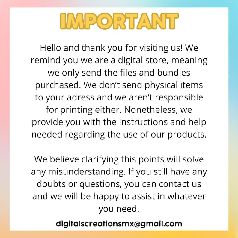 Pu&ograve; includere: Uno sfondo rosa e blu con la parola "IMPORTANTE" in testo giallo. Il testo spiega che questo &egrave; un negozio digitale e che gli articoli fisici non vengono spediti. Il testo include anche l'indirizzo email digitalscreationsmx@gmail.com.