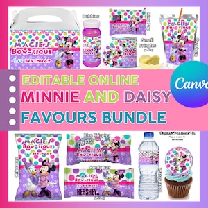 Minnie and Daisy 10 Party Favors, water bottle, chip, candy bars, juice labels, gable box and more!!. EDITABLE IN CANVA