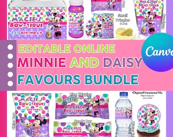 Minnie and Daisy 10 Party Favors, water bottle, chip, candy bars, juice labels, gable box and more!!. EDITABLE IN CANVA