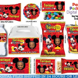 Mickey Mouse Party Favors, water bottle, chip, candy bars, juice labels, thank you tags, fruit snack, bags. DIGITAL