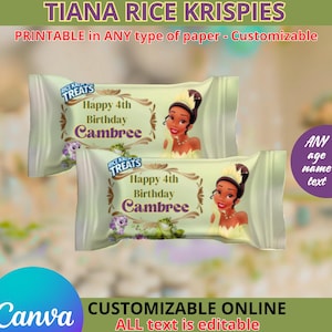 May include: Printable Tiana Rice Krispies treat bag template featuring a cartoon image of Princess Tiana. The template includes the text "Happy 4th Birthday Cambree".
