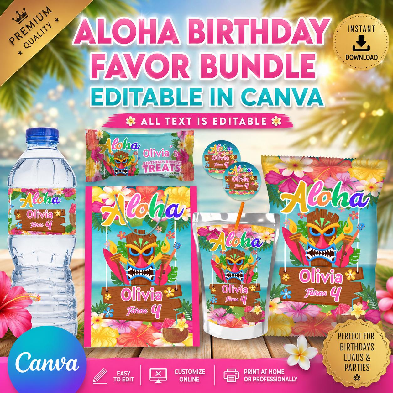 Alloha Label Aloha Birthday 6 Party Favors, Water Bottle, Chip, Rice Krispies, Juice ...