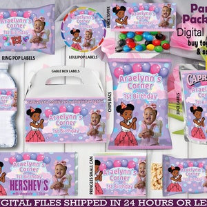 Pack anniversaire Gracie, bouteille d'eau, chips, barres chocolatées, étiquettes de jus, étiquettes de remerciement, activité, sacs. Anniversaire ou douche. NUMÉRIQUE