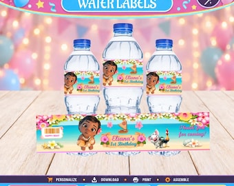 Etiqueta de agua para bebés de Moana. Editable en CANVA.