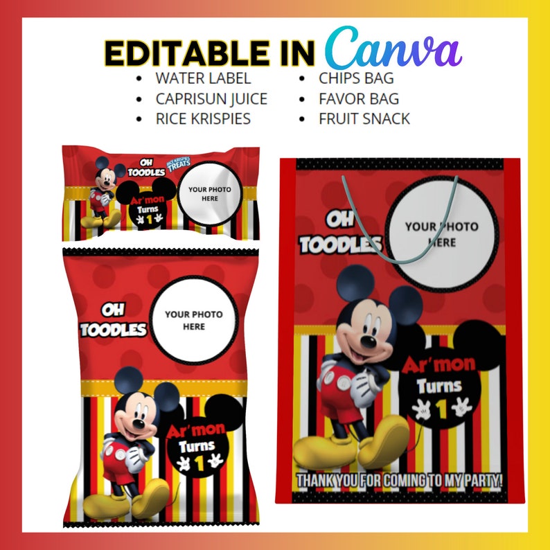 Puede incluir: Plantillas de bolsas de regalo y bolsas de aperitivos imprimibles con Mickey Mouse. Las bolsas son rojas y amarillas con lunares negros y rayas. El texto en las bolsas dice "Oh Toodles" y "Ar'mon Turns 1".