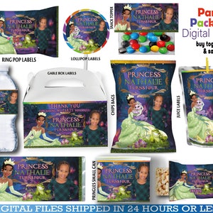 Tiana Party Favors, water bottle, chip, candy bars, juice labels, thank you tags, activity,bags. DIGITAL