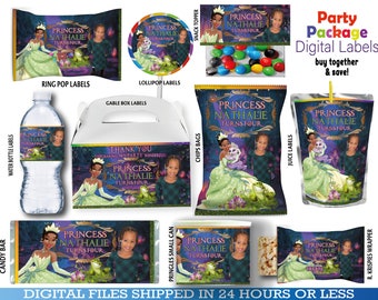 Tiana Party Favors, water bottle, chip, candy bars, juice labels, thank you tags, activity,bags. DIGITAL