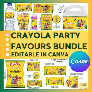 Crayola Party Favor Templates Save Package, Chip Bag Template, Water Bottle, Juice Bag, Chocolate Bar Canva Link