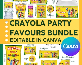 Crayola Party Favor Templates Save Package, Chip Bag Template, Water Bottle, Juice Bag, Chocolate Bar. Edit yourself in CANVA.