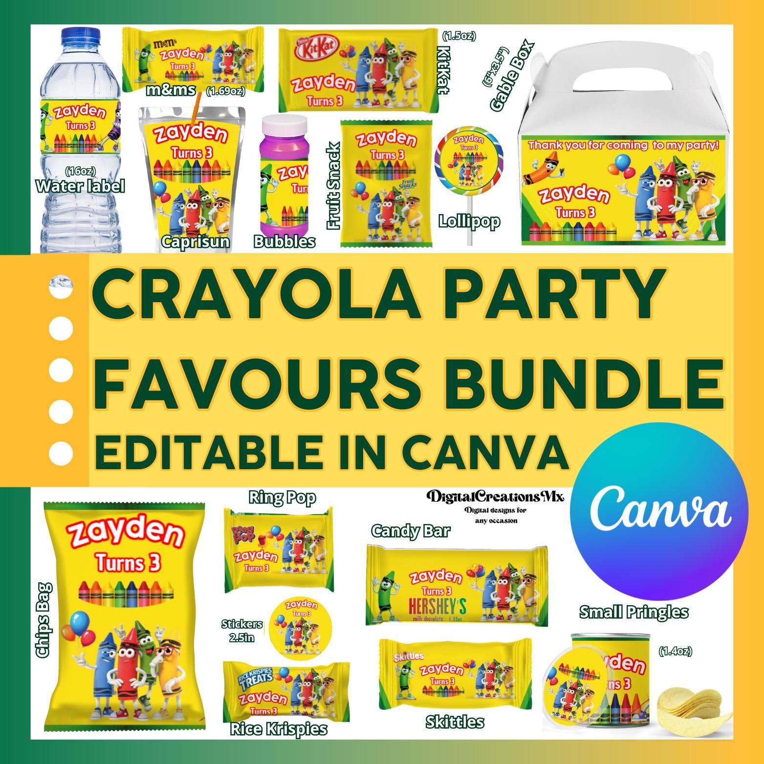 Crayola Party Favor Templates Save Package, Chip Bag Template, Water Bottle, Juice Bag, Chocolate Bar. Edit yourself in CANVA.