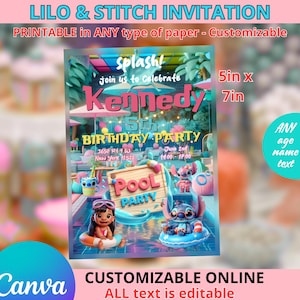 Lilo & Stitch Pool - - invitation template 5x7in. Printable and editable in CANVA