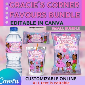 Birthday Gracie 4 Party Pack, water bottle, chip, juice labels and rice. Edit yourself in CANVA.