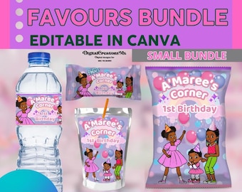 Birthday Gracie 4 Party Pack, water bottle, chip, juice labels and rice. Edit yourself in CANVA.