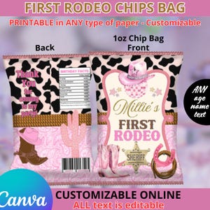 Cowgirl Birthday Chips Tüten stempel. IN CANVA BEARBEITBAR