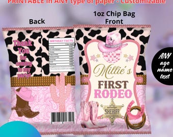 Plantilla de bolsas de papas fritas para cumpleaños de vaquera. EDITABLE EN CANVA