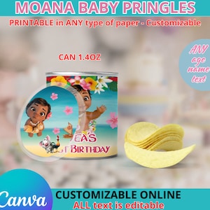 Moana Baby Pringles klein blikje. Bewerkbaar in CANVA