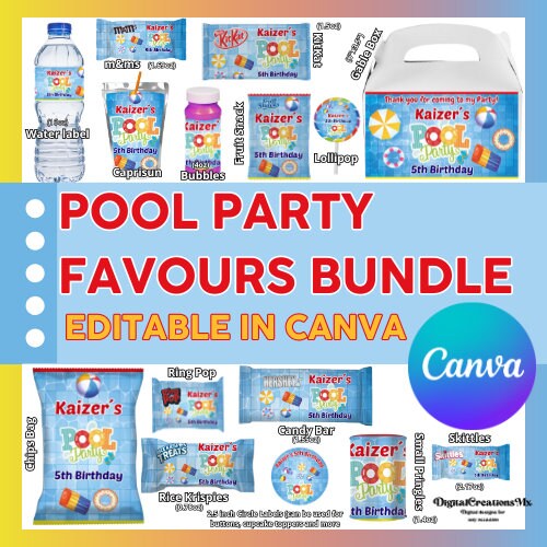 Pool party bundle Favors, water bottle, chip, candy bars, juice labels, boxes and more. DIGITAL