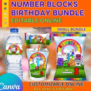 NumberBlocks Party Pack 4 Party Favors, water bottle, chip, rice krispies and juice labels. Edit yourself in CANVA.