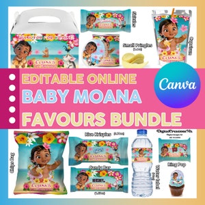 Pack de 10 présentations Moana, bouteille d'eau, chips, barres chocolatées, étiquettes de jus de fruits et plus encore. Modifiable dans CANVA