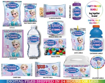 Frozen Party Favors, water bottle, chip, candy bars, juice labels, thank you tags, activity, bags. DIGITAL