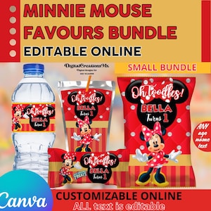 Puede incluir: Un paquete de favores de fiesta con tem&aacute;tica de Minnie Mouse con etiquetas editables. El paquete incluye una botella de agua, una caja de jugo, una bolsa de golosinas y una bolsa de papas fritas. Cada art&iacute;culo presenta un dise&ntilde;o de lunares rojos y blancos con un personaje de Minnie Mouse y el texto "Oh Toodles! Bella Turns 1".