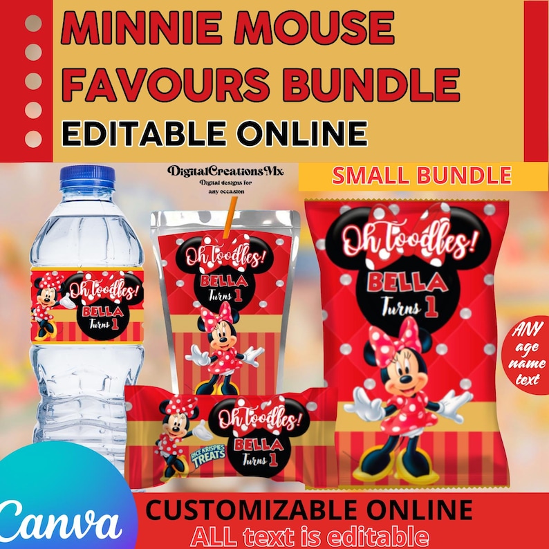 Puede incluir: Un paquete de favores de fiesta con tem&aacute;tica de Minnie Mouse con etiquetas editables. El paquete incluye una botella de agua, una caja de jugo, una bolsa de golosinas y una bolsa de papas fritas. Cada art&iacute;culo presenta un dise&ntilde;o de lunares rojos y blancos con un personaje de Minnie Mouse y el texto "Oh Toodles! Bella Turns 1".