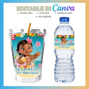 May include: Editable printable labels for a 1st birthday party. The labels feature a cartoon image of a baby with a flower lei and the text "Eliana's 1st Birthday". The labels are designed for water bottles, juice boxes, and snack bags.