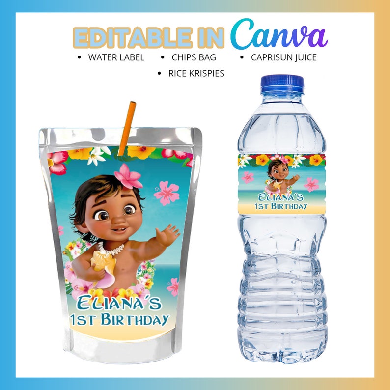 May include: Editable printable labels for a 1st birthday party. The labels feature a cartoon image of a baby with a flower lei and the text "Eliana's 1st Birthday". The labels are designed for water bottles, juice boxes, and snack bags.