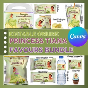 Tiana 10 Party Favors, water bottle, chip, candy bars, juice labels, and more. DIGITAL