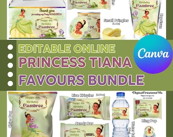 Tiana 10 Party Favors, water bottle, chip, candy bars, juice labels, and more. DIGITAL
