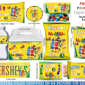 Crayola Party Favors, water bottle, chip, candy bars, juice labels, thank you tags, activity,bags. DIGITAL