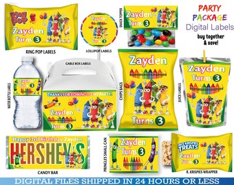 Crayola Party Favors, water bottle, chip, candy bars, juice labels, thank you tags, activity,bags. DIGITAL