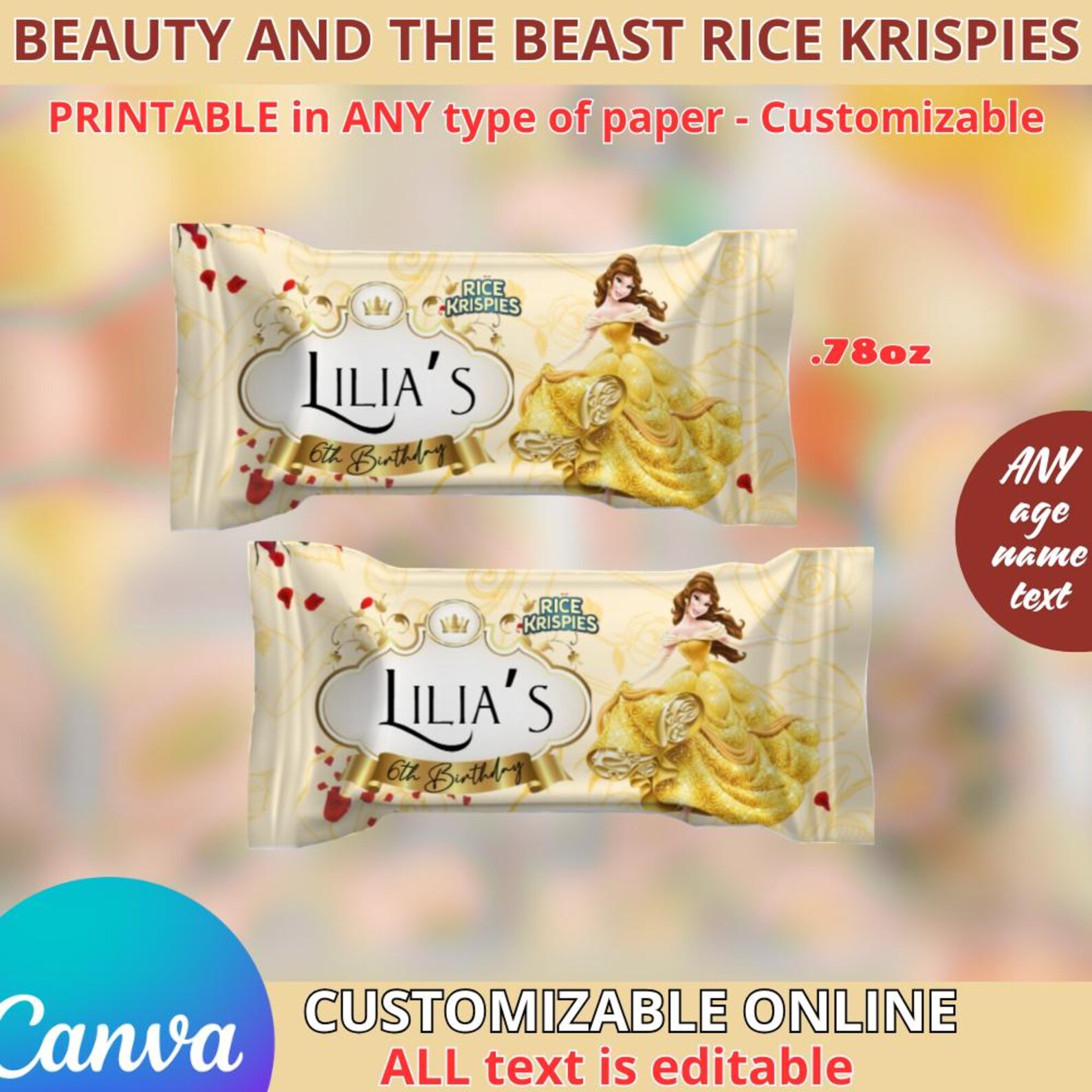Beauty and the Beast - Rice Krispies Templete. Editable in CANVA - Etsy