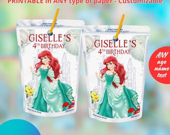 Princess Ariel the Little Mermaid Juice Caprisun templete. Editable in CANVA