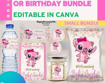 Angel Baby Shower or birthday 6 Party Favors, water bottle, chip, candy bars, thank you tags and more. EDITABLE IN CANVA