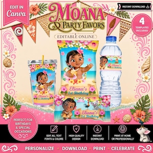Moana 4 Party-Paket: Wasserflasche, Chips, Reis, Saftetiketten und Wasser. Gestalte es selbst in Canva.