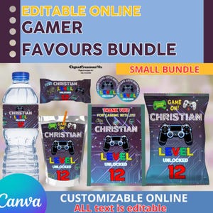 Gamer Birthday 6 Party-bundel, chips, rijstkrispies, sap en meer. Bewerk jezelf in CANVA.