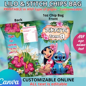 Sacchetti di patatine con fiori di Lilo e Stitch. Modificabile in CANVA