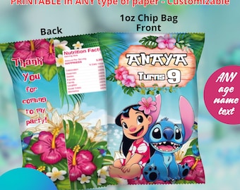 Lilo and Stitch flowers Chips Bags. Editable in CANVA
