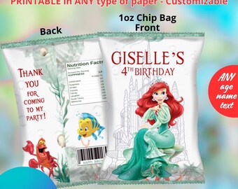Princess Ariel the Little Mermaid Chips bags templete. Editable in CANVA