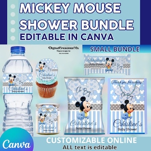 Oh jongen! Mickey Mouse-cadeautjes voor babyshower of verjaardagsfeestjes, waterfles, koek, snoeprepen, bedankkaartjes en meer. BEWERKBAAR OP CANVA