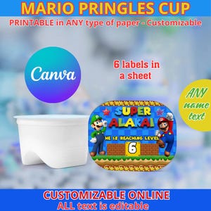 May include: A white Pringles cup with a customizable label featuring Mario and Luigi. The label reads "SUPER ALAKAI" and "HE IS REACHING LEVEL 6". The design is customizable online.