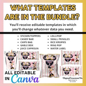 Puede incluir: Un conjunto de plantillas de favores de fiesta imprimibles con un fondo a rayas rosa y dorado con una imagen de dibujos animados de Minnie Mouse. El texto "Oh! It's a Promise! Turns 2" est&aacute; incluido en cada plantilla. Las plantillas son para pegatinas, barras de caramelo, bolsas de patatas fritas, cajas de regalo, cajas de zumo, piruletas, peque&ntilde;as Pringles, Rice Krispies, piruletas y etiquetas de agua. El texto "Todo editable en Canva" est&aacute; incluido en la parte inferior de la imagen.