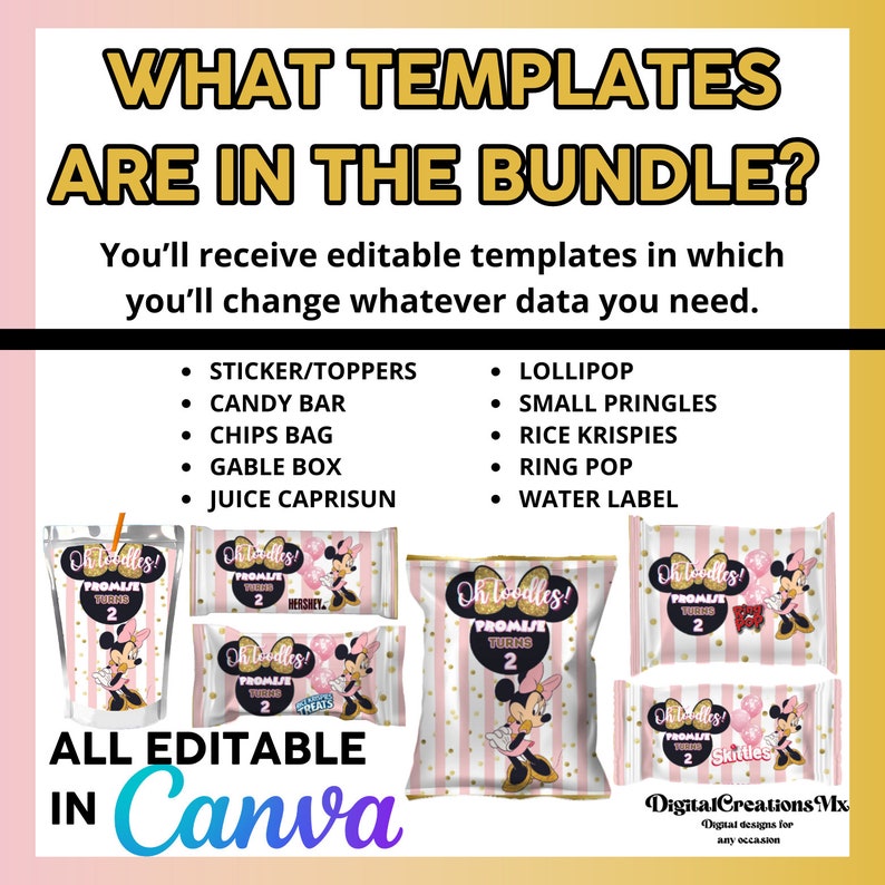 Puede incluir: Un conjunto de plantillas de favores de fiesta imprimibles con un fondo a rayas rosa y dorado con una imagen de dibujos animados de Minnie Mouse. El texto "Oh! It's a Promise! Turns 2" est&aacute; incluido en cada plantilla. Las plantillas son para pegatinas, barras de caramelo, bolsas de patatas fritas, cajas de regalo, cajas de zumo, piruletas, peque&ntilde;as Pringles, Rice Krispies, piruletas y etiquetas de agua. El texto "Todo editable en Canva" est&aacute; incluido en la parte inferior de la imagen.